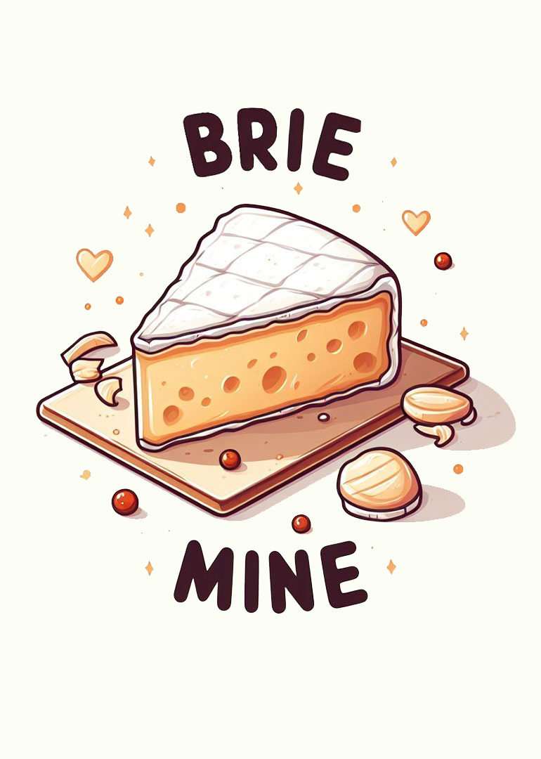 Illustration of brie cheese on board with hearts and text brie mine
