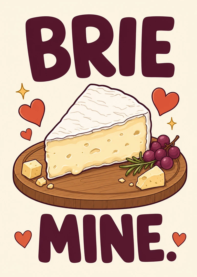 Cute illustrated cheese board card with a brie wedge, grapes, hearts and sparkles, reading BRIE MINE.