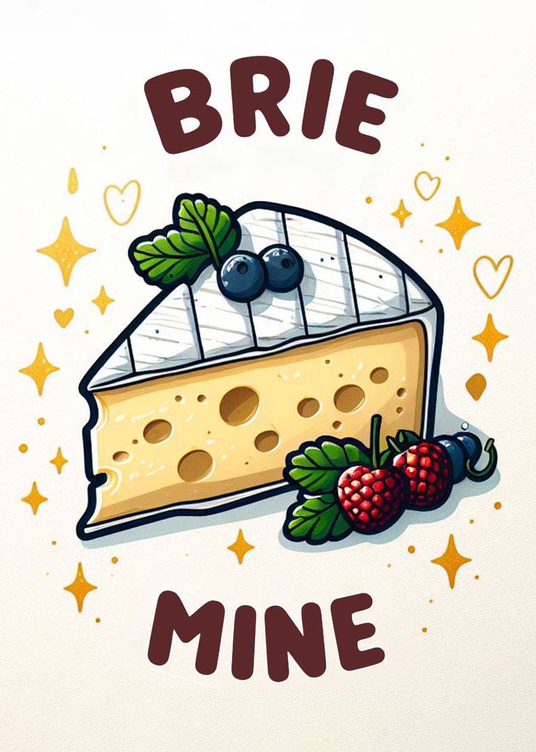 Illustrated card with a cheese wedge, berries, and 'Brie Mine' pun