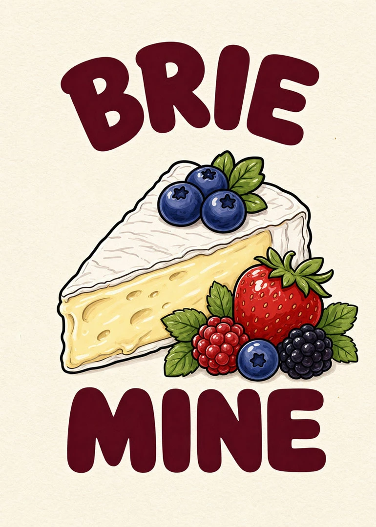 A Brie Mine card with cheese wedge, berries, and bold burgundy text on cream background.