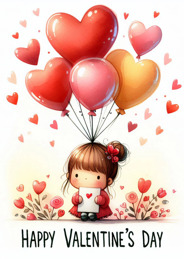 Cute girl holds a heart note beneath red and pink balloons with Valentine's Day text.