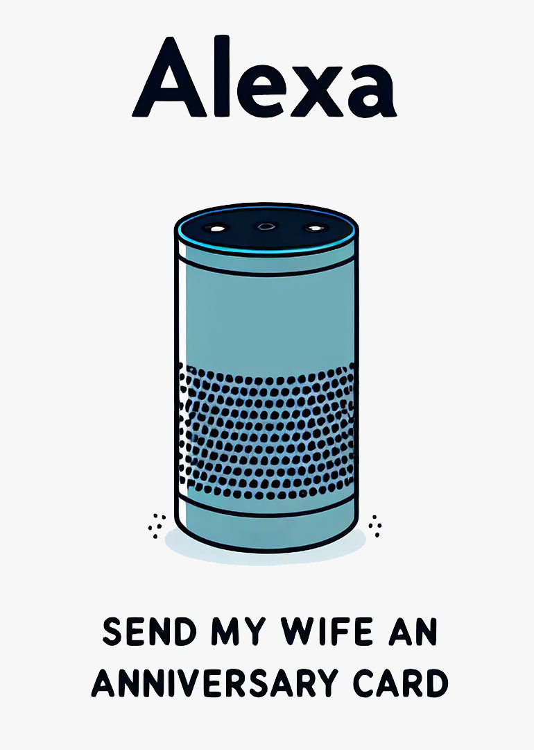 Illustration of Alexa device with humorous anniversary message for wife