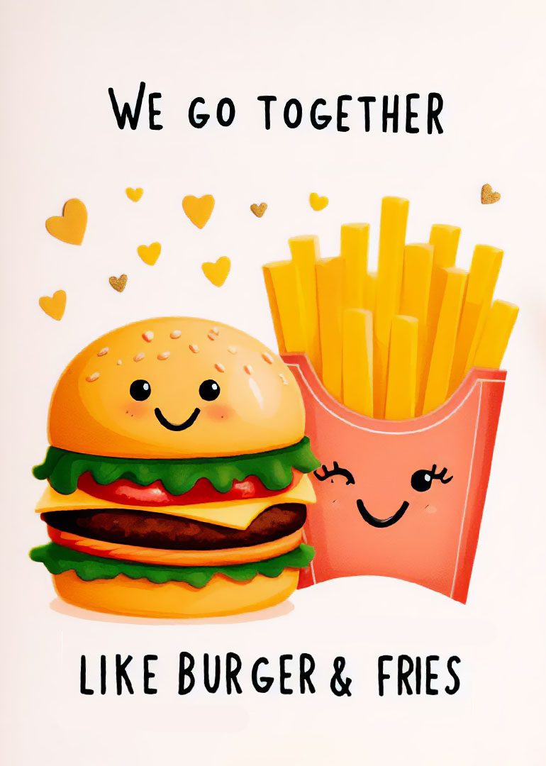 Smiling burger and fries cartoon with hearts and loving message