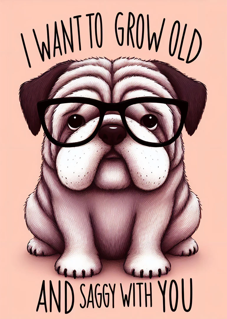 A sweet pug wearing glasses with text about growing old and saggy together, romantically shown.