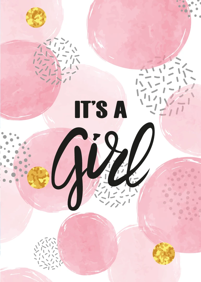 Pink watercolor circles and sprinkles surround the words It's a Girl on a white card.