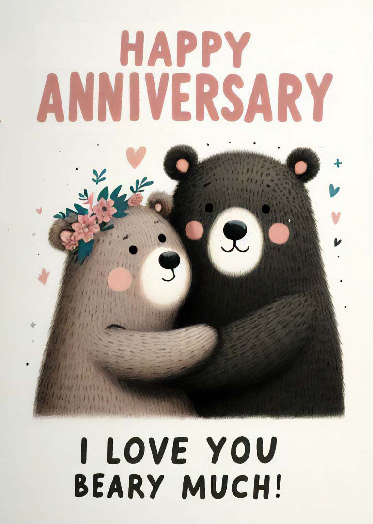 Illustration of two hugging bears with flowers and loving anniversary message