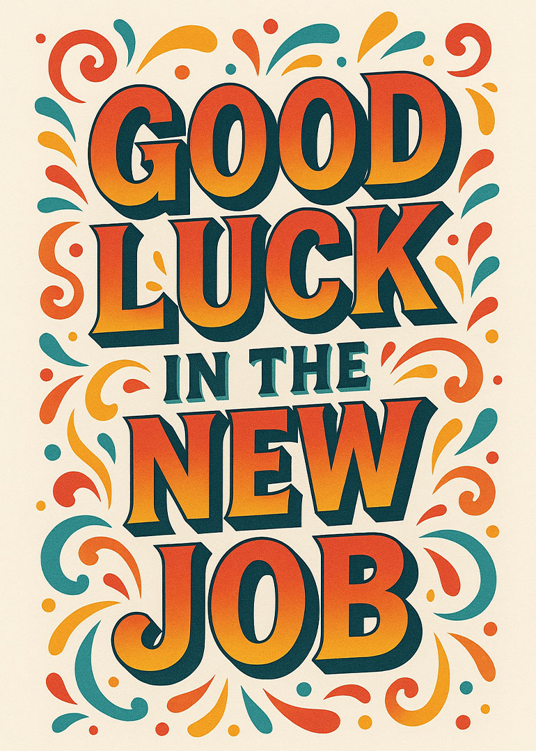 Good luck in the new job card with colorful retro lettering and decorative swirls