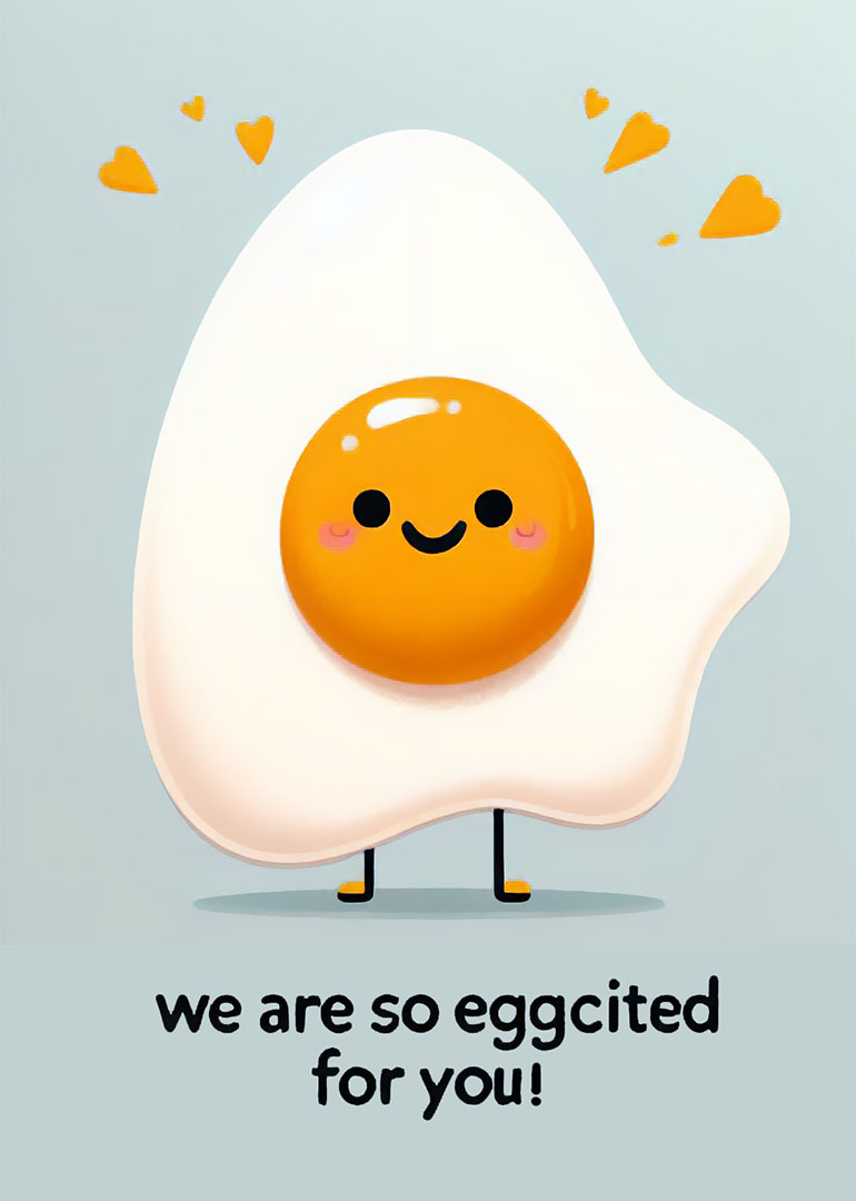 Cute smiling egg cartoon with hearts and 'egg-cited' pun
