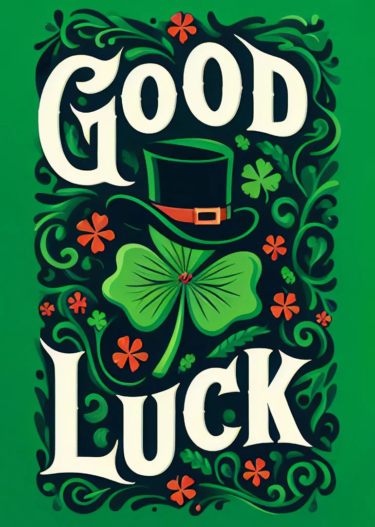 Bold Good Luck card with shamrock, leprechaun hat, ornate green Irish styling and orange flowers.