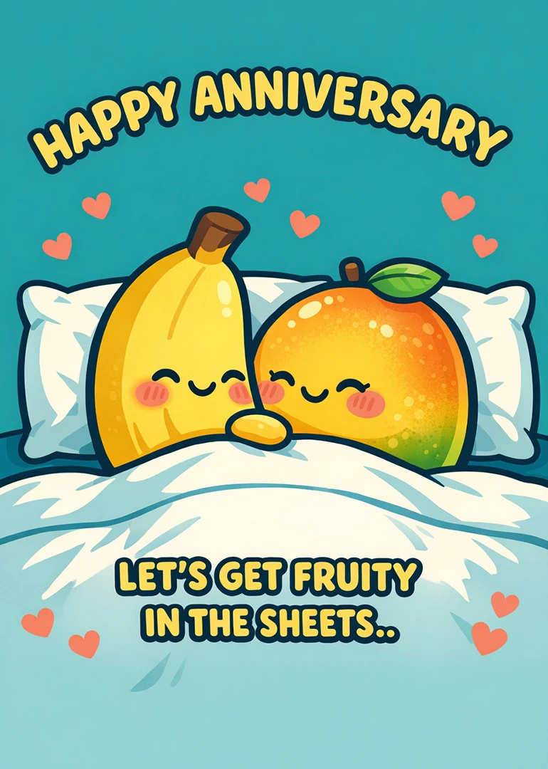 Banana and mango cuddle in bed under Happy Anniversary and a cheeky fruity sheets pun.