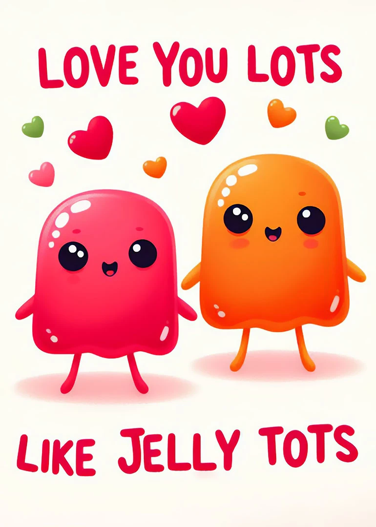 Two cute jelly tots with hearts and Love You Lots text on a cream background.