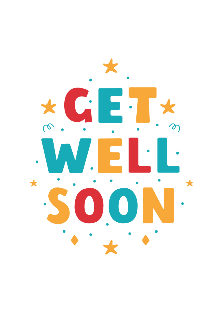 Colorful get well soon text with stars and dots on white background