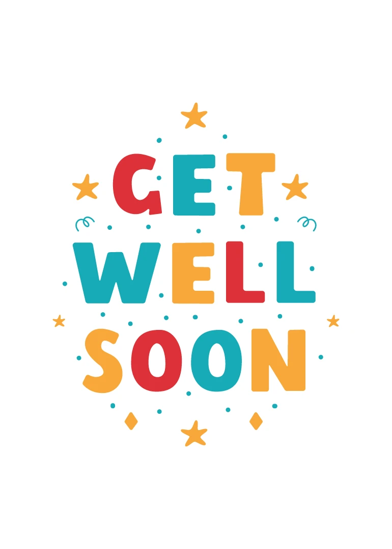 Bright colorful Get Well Soon card with stars, dots, and playful block lettering on white.