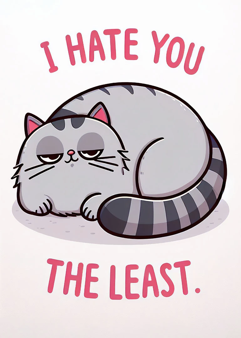 A grumpy grey cat with text I hate you the least in pink letters card.