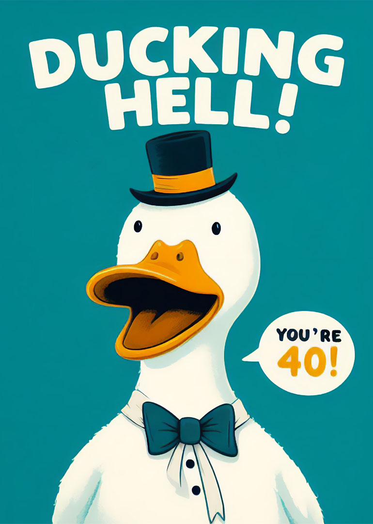 Illustration of a surprised duck in a top hat saying 'You're 40!'