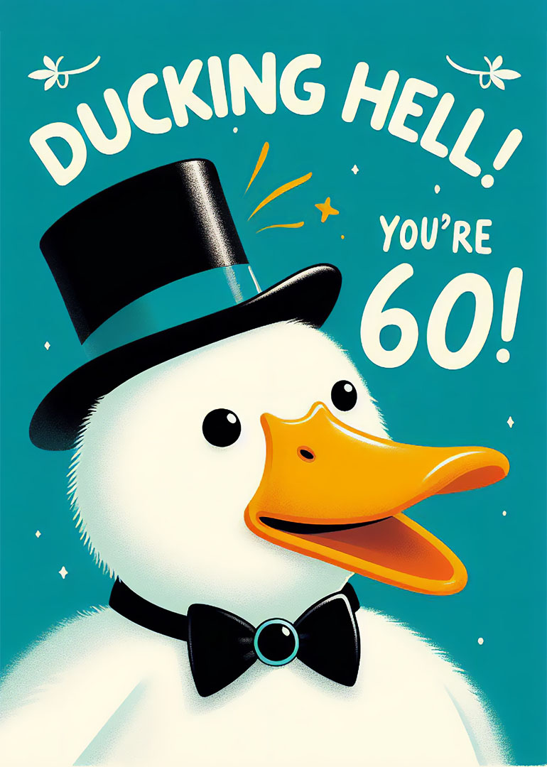 Illustration of a duck with a top hat and bow tie saying 'DUCKING HELL! YOU'RE 60!'