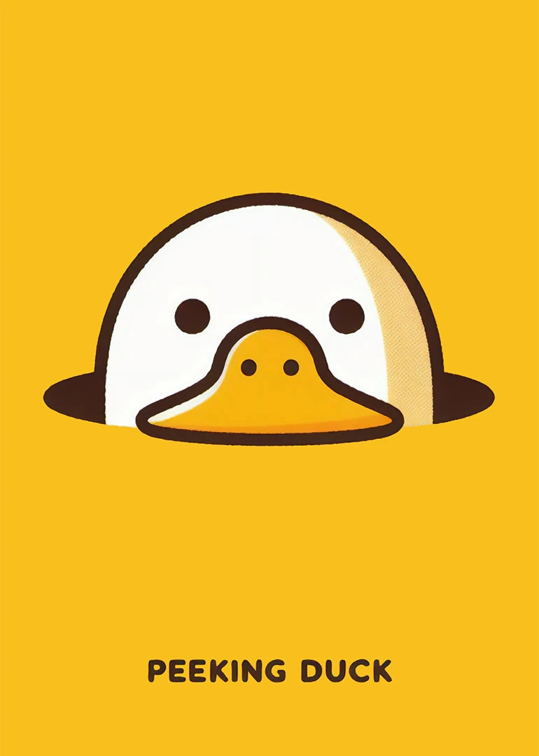 Cute duck peeking out on a yellow background with the text peeking duck below it.