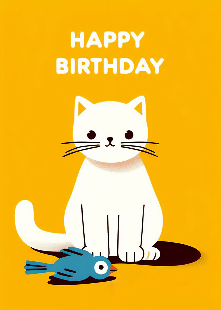 White cat sitting next to a blue bird on yellow background with happy birthday text