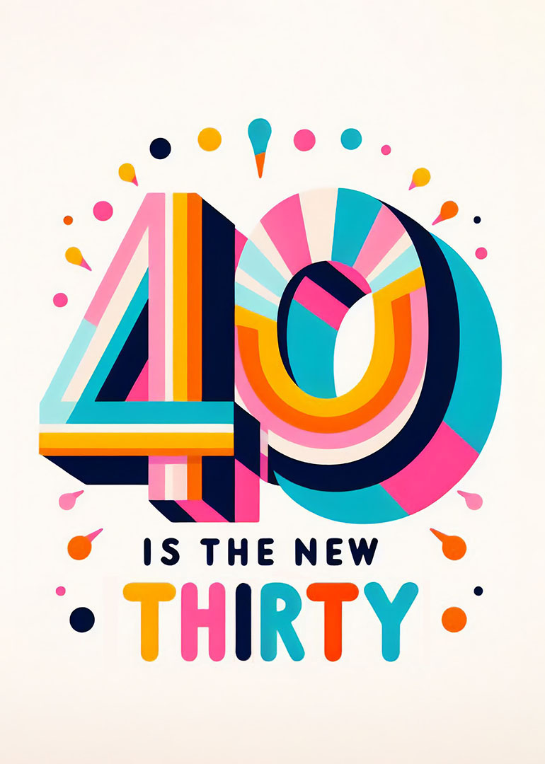Colourful forty birthday card saying 40 is the new thirty with confetti dots.
