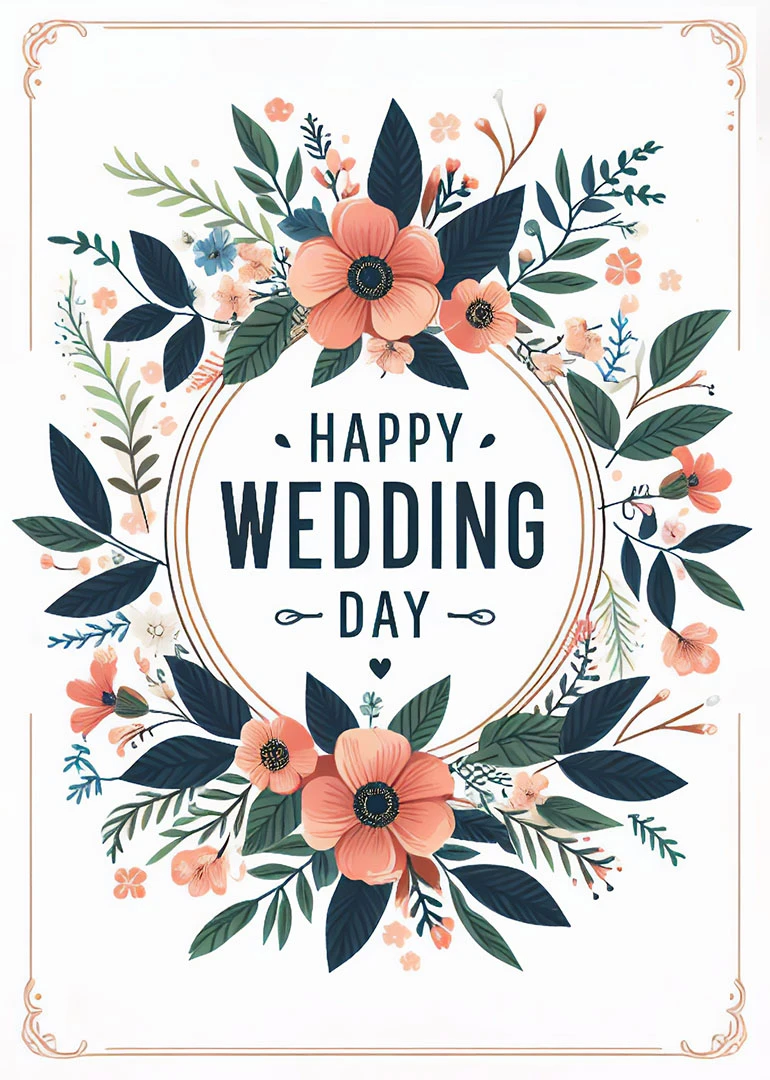 Elegant floral wreath surrounds Happy Wedding Day text in peach, navy, and green on white.