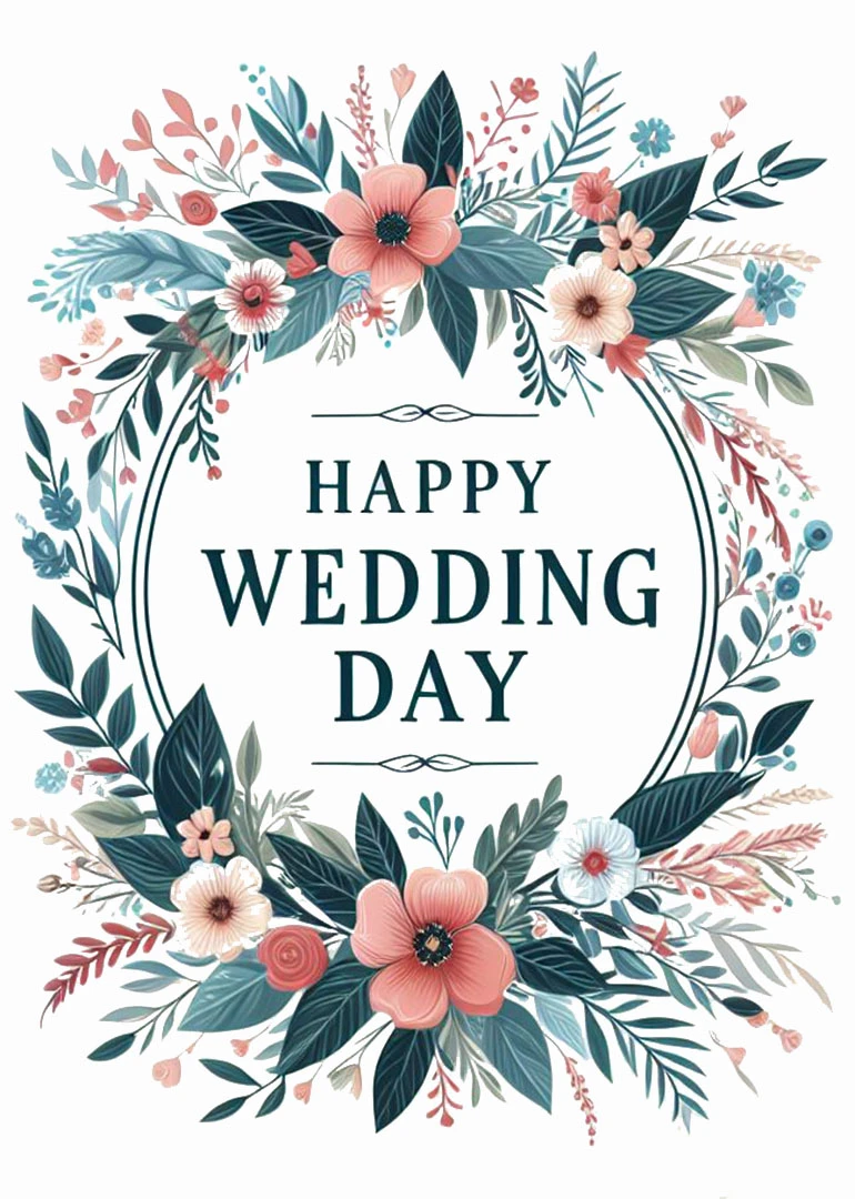 Floral wreath wedding card with teal leaves, pink blossoms, and Happy Wedding Day text centered.