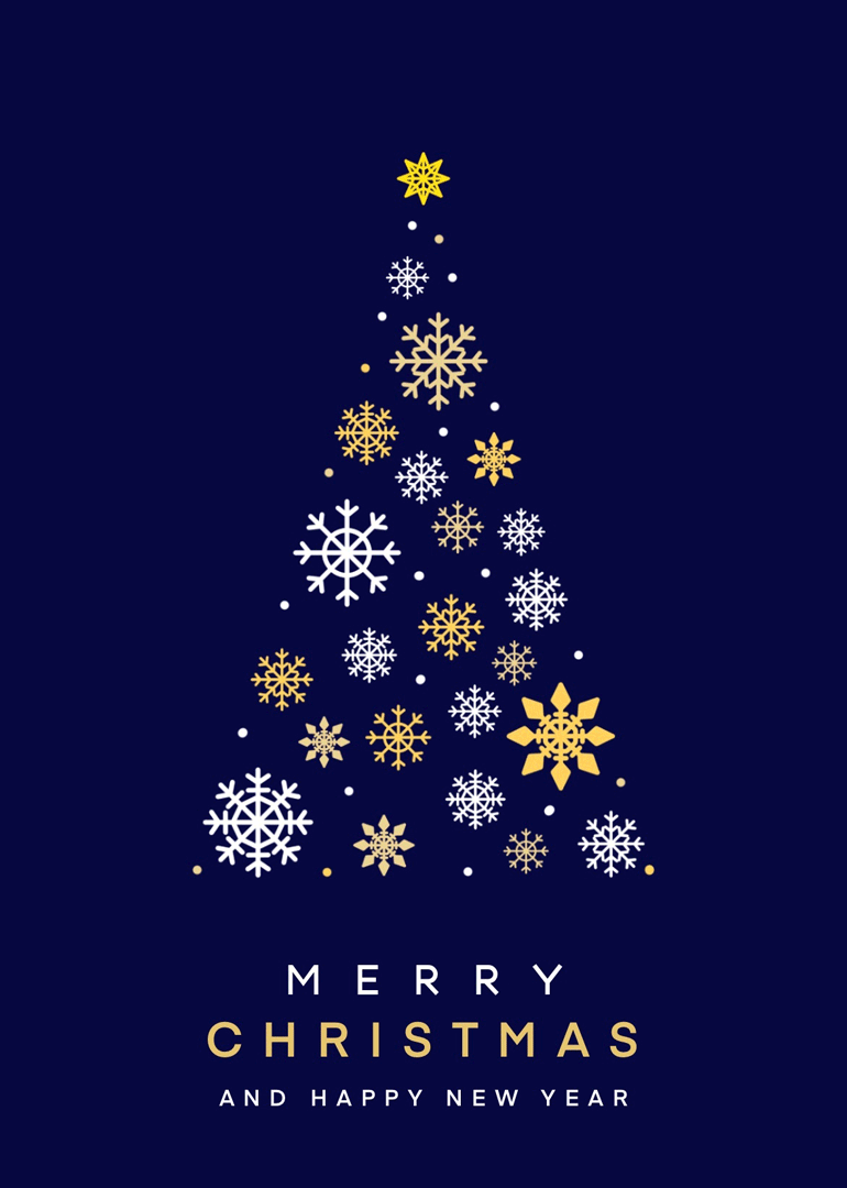 Christmas card with gold and white snowflakes forming a tree on navy background