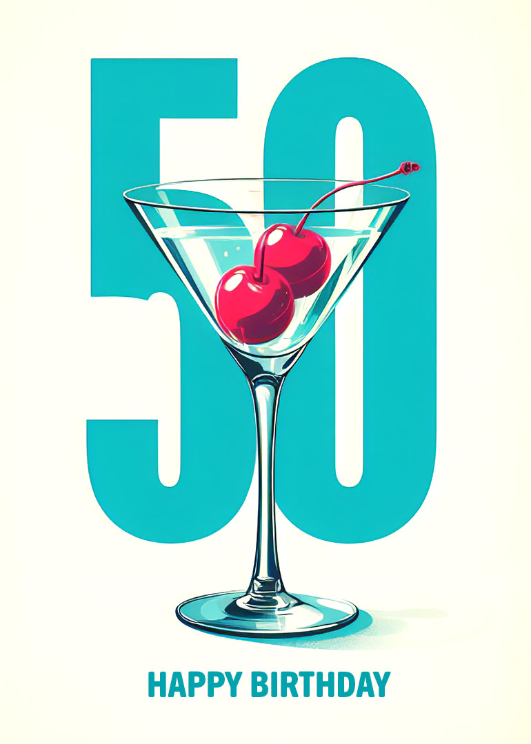 Martini glass with two cherries and large blue 50 number birthday card