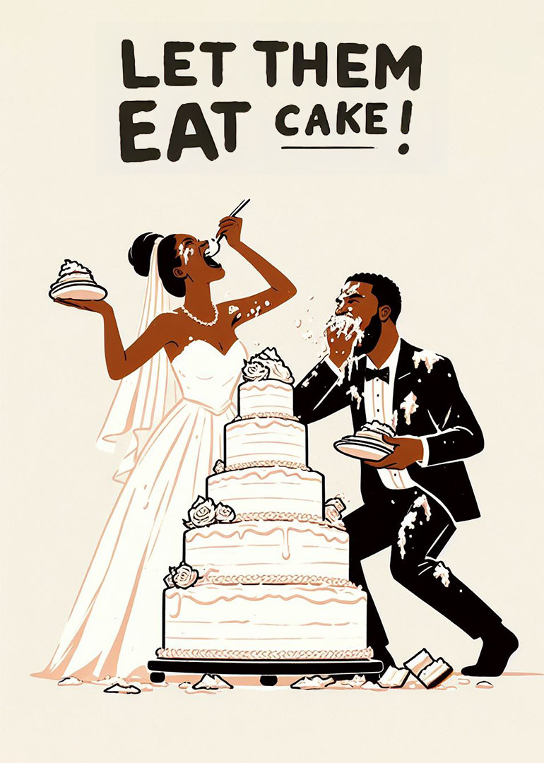 Illustration of bride and groom playfully eating wedding cake