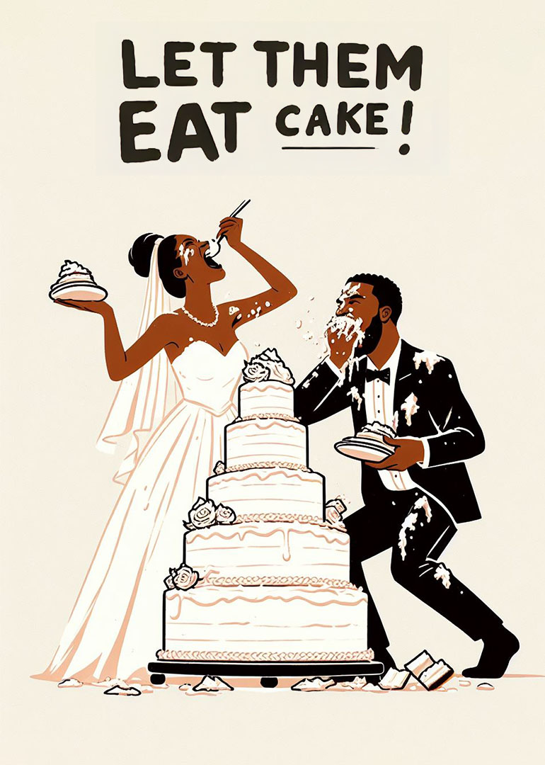 Bride and groom playfully eating wedding cake with text let them eat cake