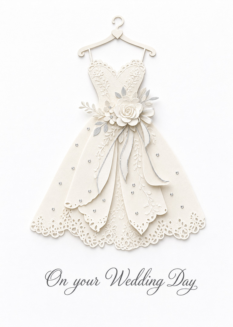 Elegant cream paper wedding dress on hanger with floral details and wedding day text below.