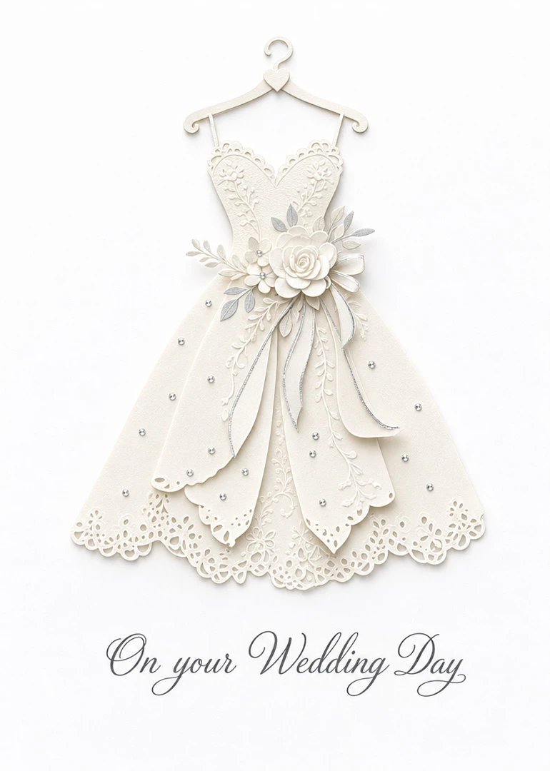 Elegant cream paper wedding dress on hanger with floral details and wedding day text below.