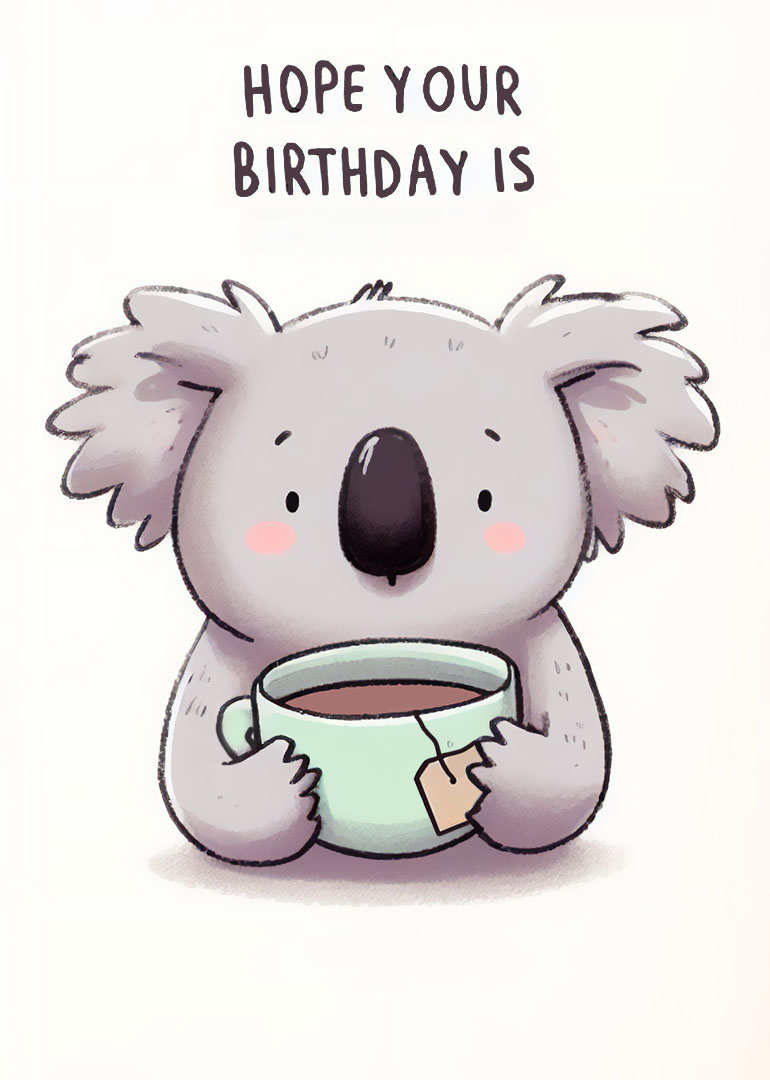 Illustration of a cute koala holding a tea cup with birthday greeting
