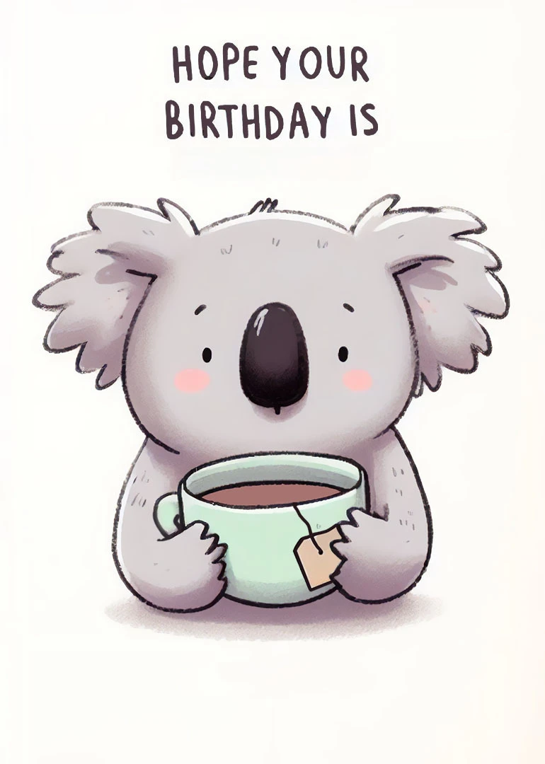 Cute koala holding a tea mug under hope your birthday is text on cream background.