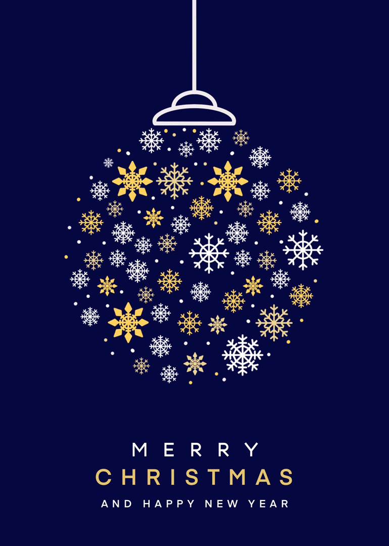 Christmas card with gold and white snowflakes forming an ornament on navy background