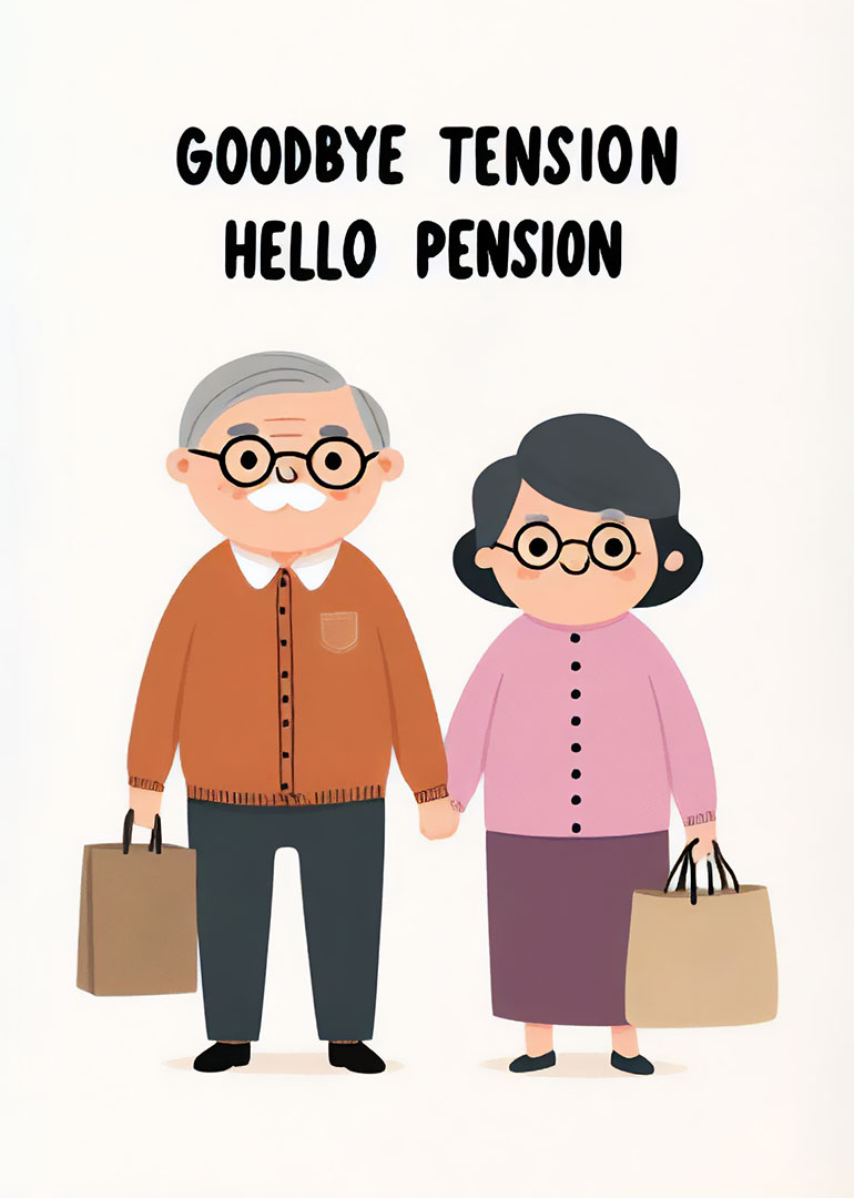 Elderly couple holding hands with shopping bags and retirement message