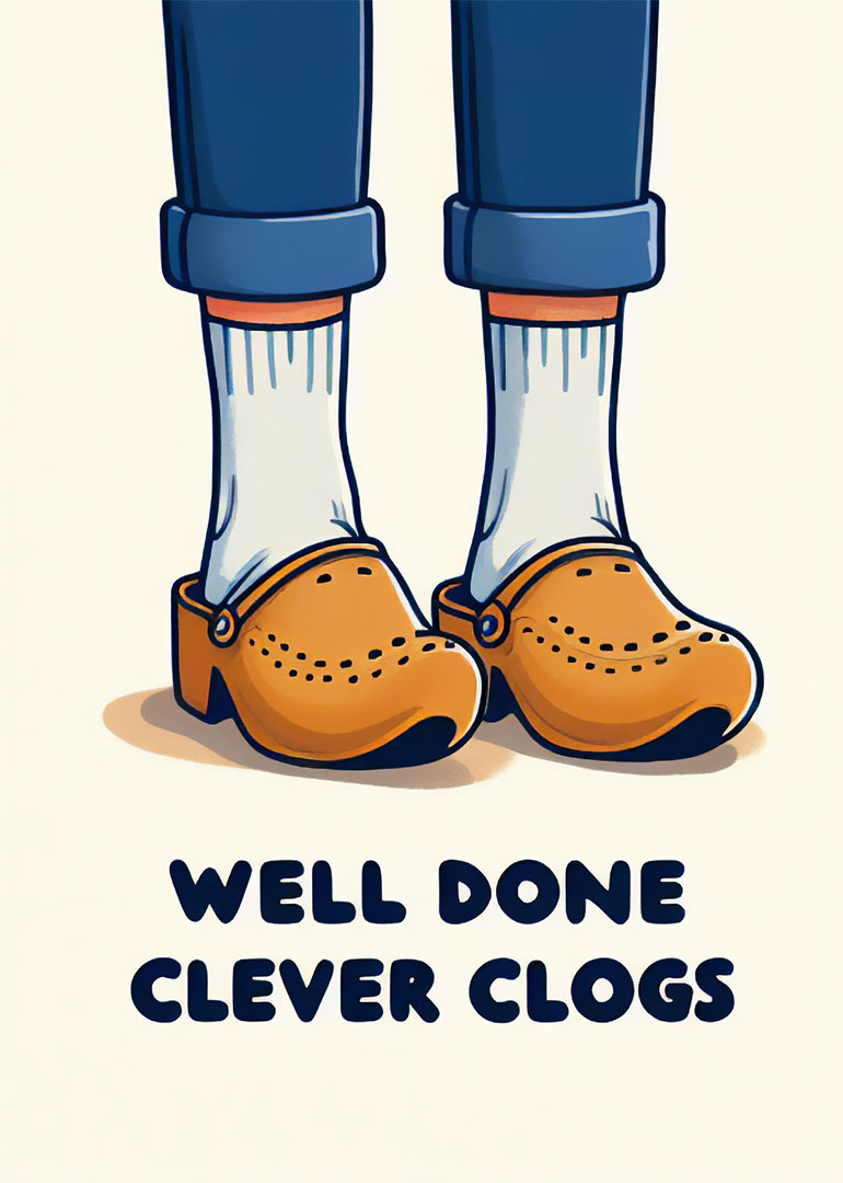 Feet wearing orange clogs and white socks with congratulatory text
