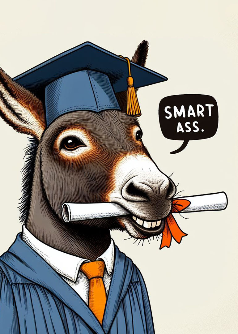 Donkey wearing graduation cap and gown holding diploma with funny speech bubble