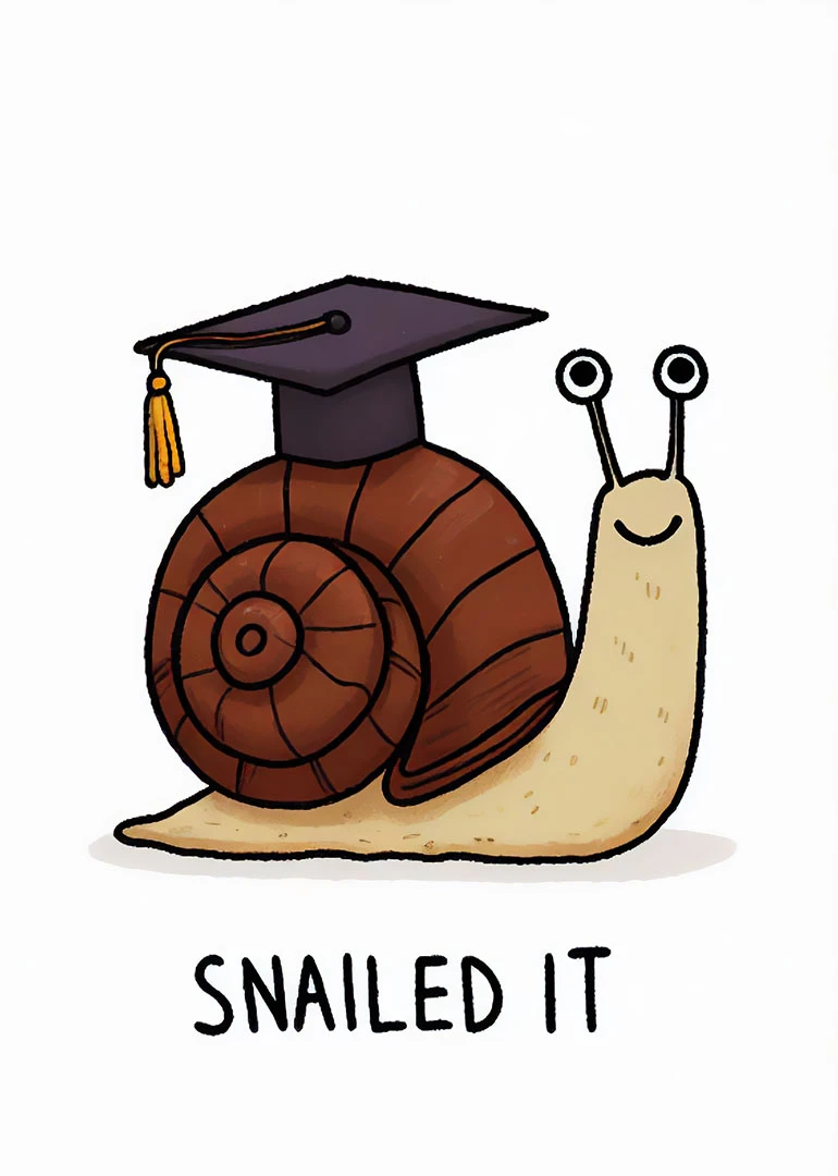 A smiling snail wearing a graduation cap above the words Snailed It in black text.