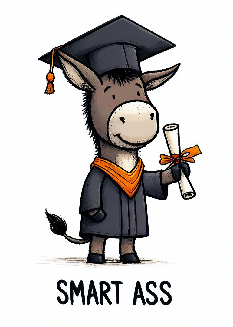 Smiling donkey in graduation cap and gown holds diploma above the words Smart Ass proudly.