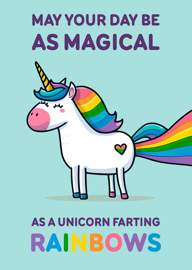 Cartoon unicorn with rainbow mane farting colorful rainbows on light blue background