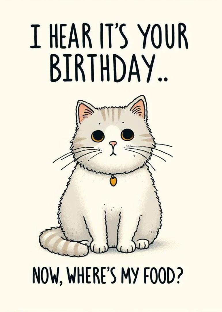 Cute fluffy cat with birthday wording asking where its food is in a playful style.