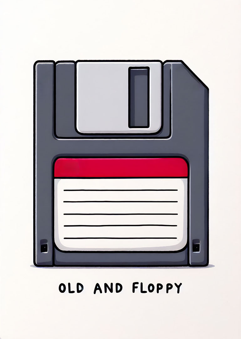 Illustration of a retro floppy disk with old and floppy text below