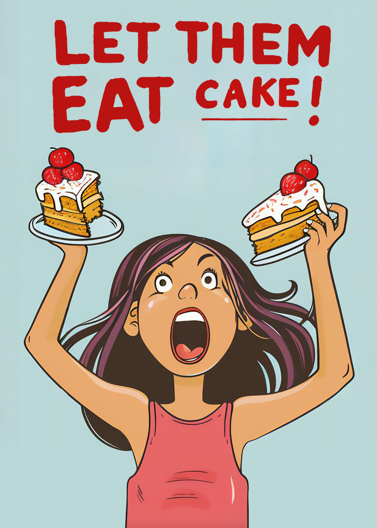 Cartoon woman holding two cake slices shouting let them eat cake