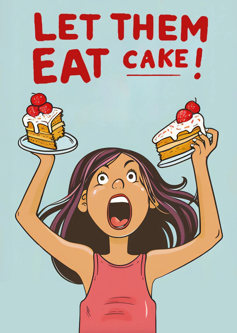Cartoon woman holds two cake slices while shouting Let Them Eat Cake on blue background.