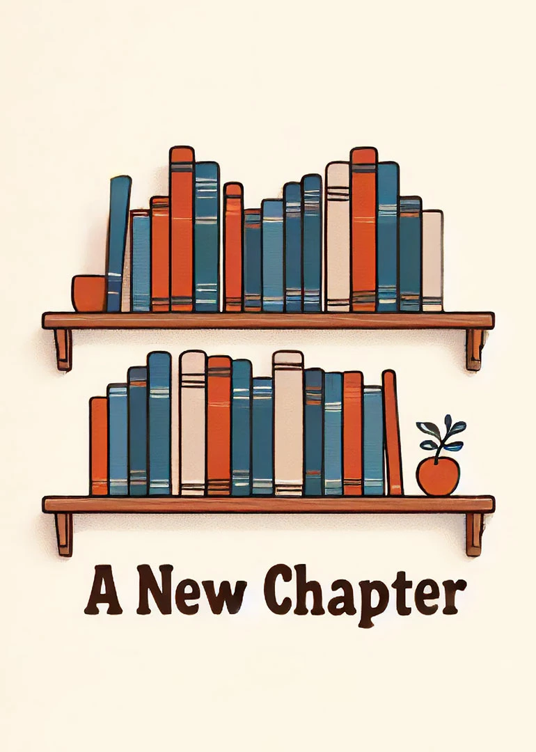 Illustrated bookshelves with colorful books, a small potted plant, and the words A New Chapter.