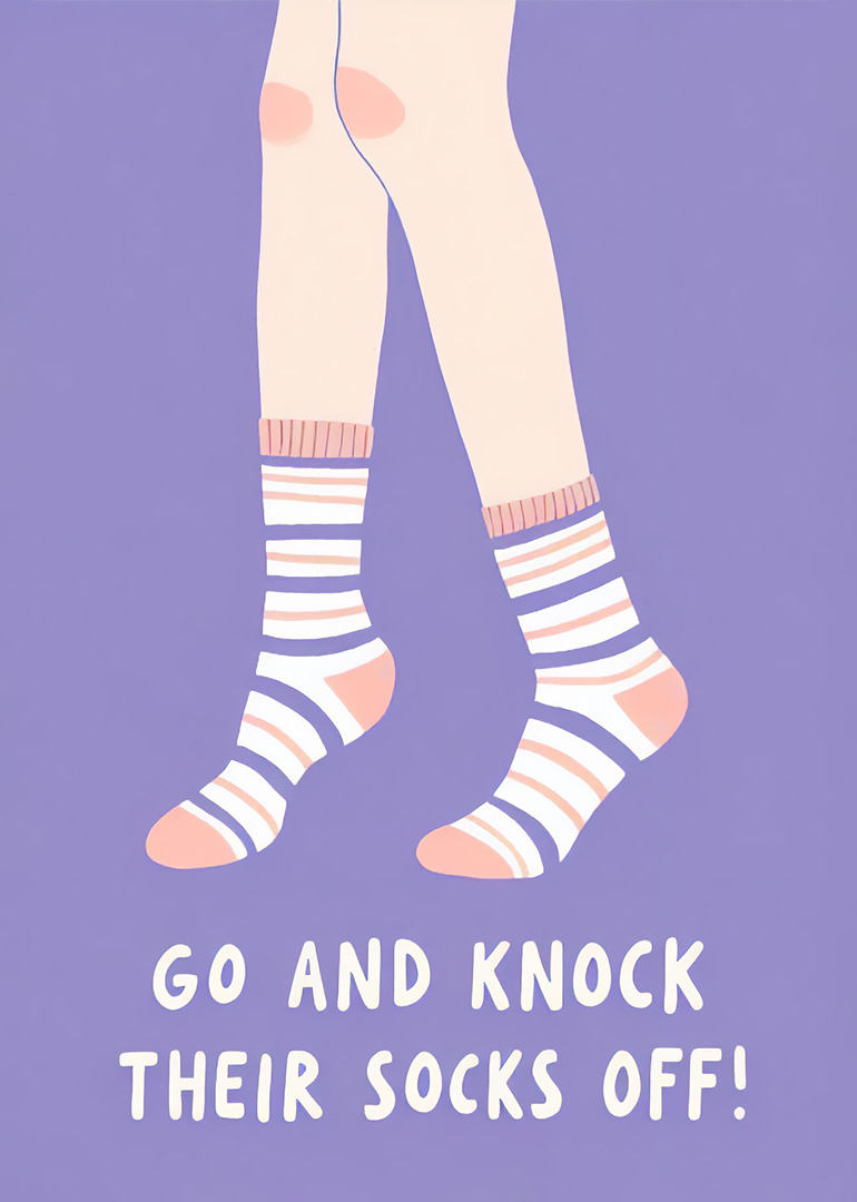 Legs wearing striped socks with motivational text on purple background