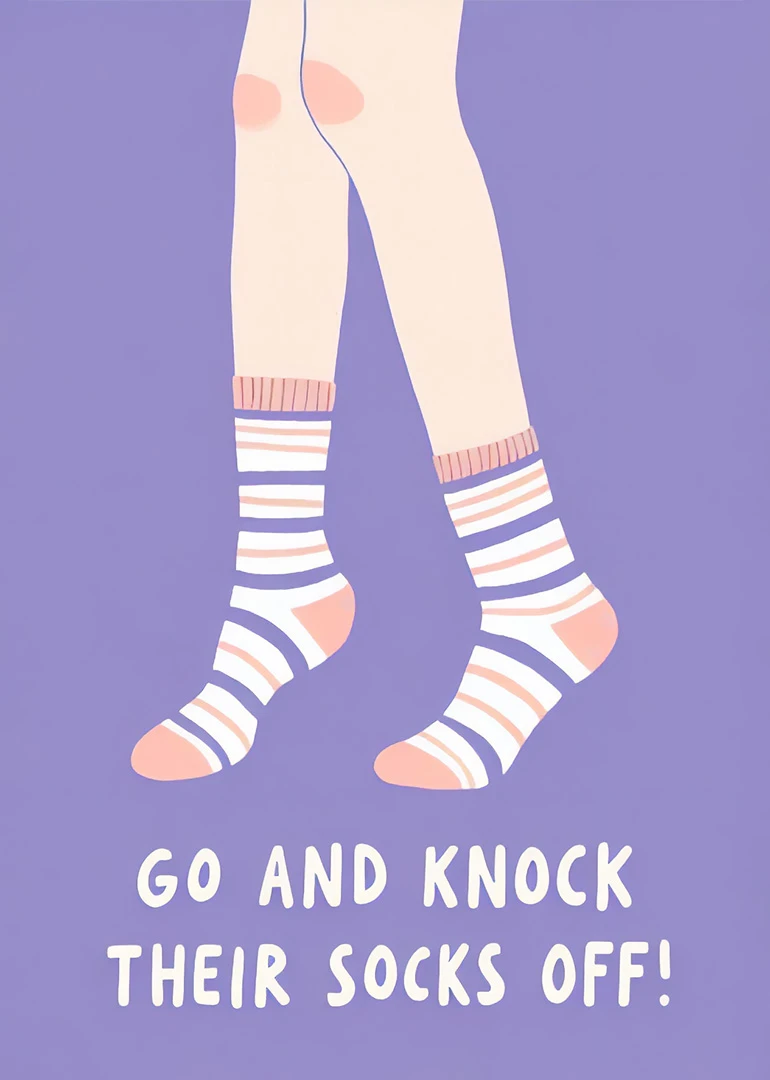 Pastel legs wearing striped socks on purple background with go and knock their socks off.