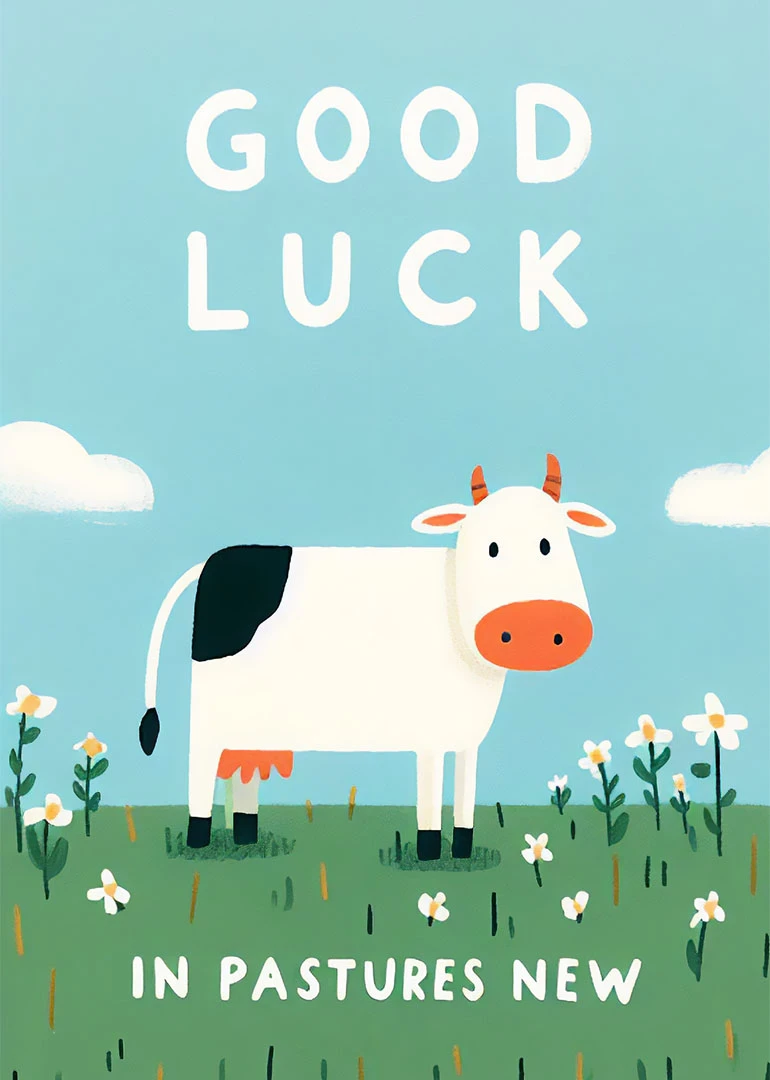 A cheerful cow stands in a meadow beneath Good Luck In Pastures New wording today.