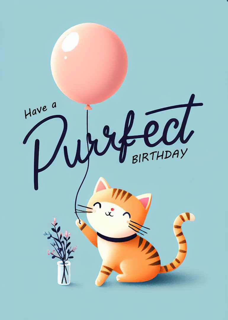 Orange cat holding pink balloon with purrfect birthday text on blue background