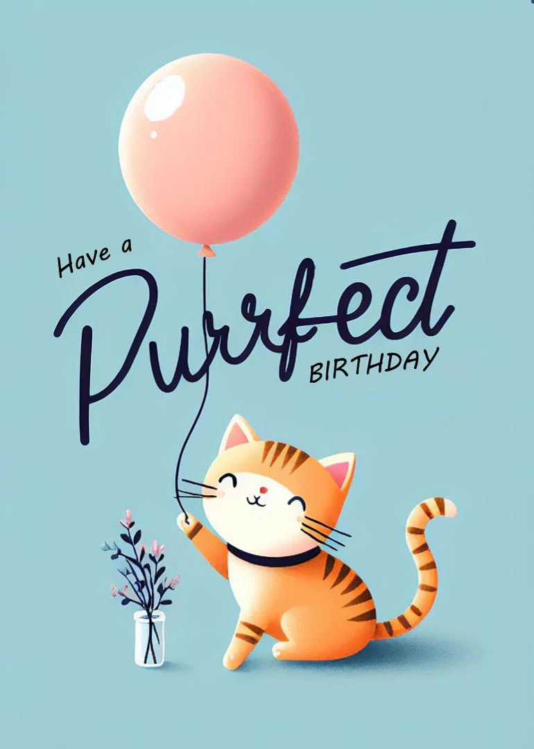 Orange cat holds a balloon beside flowers on a teal background with purrfect birthday text.